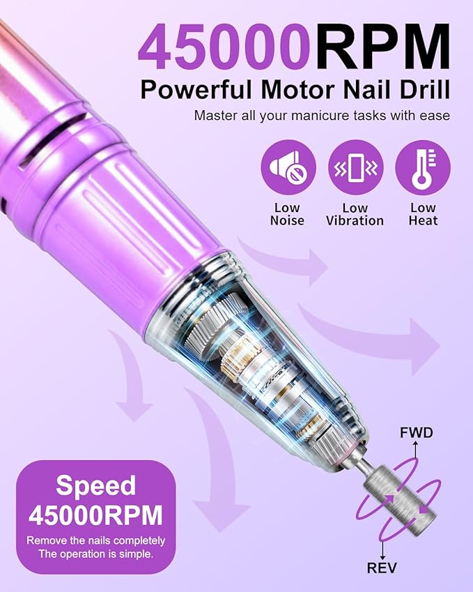 Professional Electric Nail Drill Kits 45000RPM Gradient Purple Portable Cordless 3-in-1 Nail File Machine with Rechargeable Stand and Nail Lamp for Acrylic Gel Polish Removing Home & Salon Use