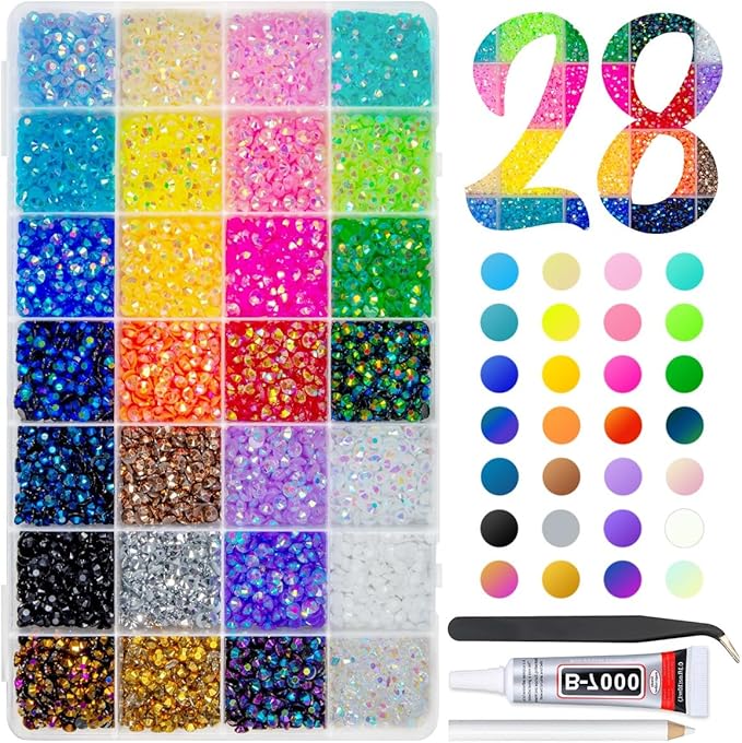 28 Color 5mm Jelly Resin Rhinestones w B7000 Glue for Bedazzling Crafting Flatback Stones Colorful AB Gems Diamonds Bedaazler Kit Charms for Nails Eyes Face Makeup Tumblers Bottles DIY Crafts