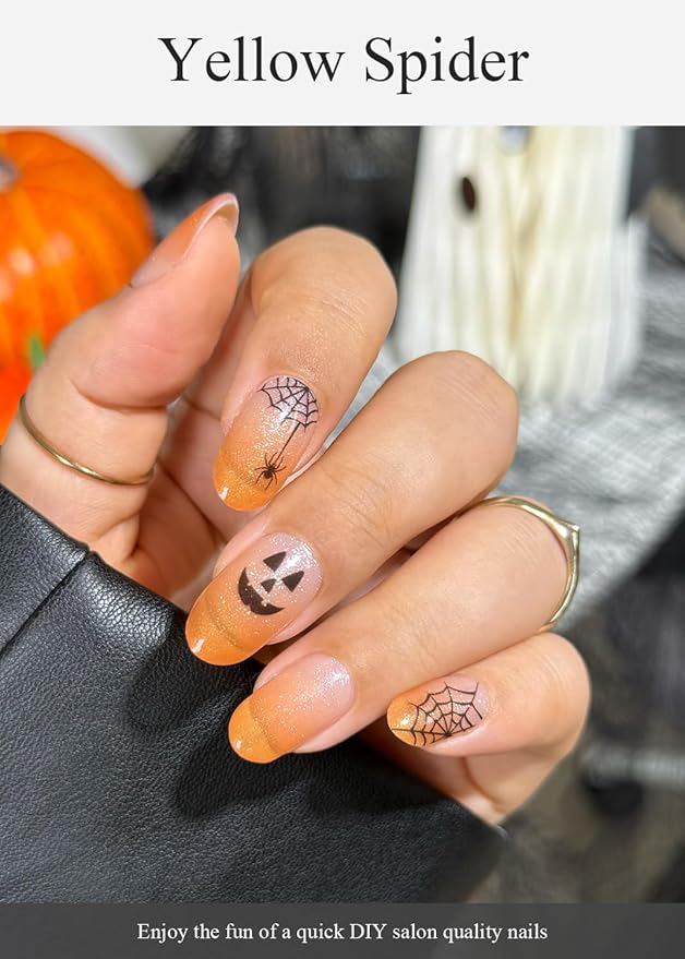 Semi Cured Gel Nail Strips (Orange Spider), Halloween, 20 Pcs Gel Nail Wraps, Stickers, Salon Quality, Long Lasting, Works with Any UV Lamps