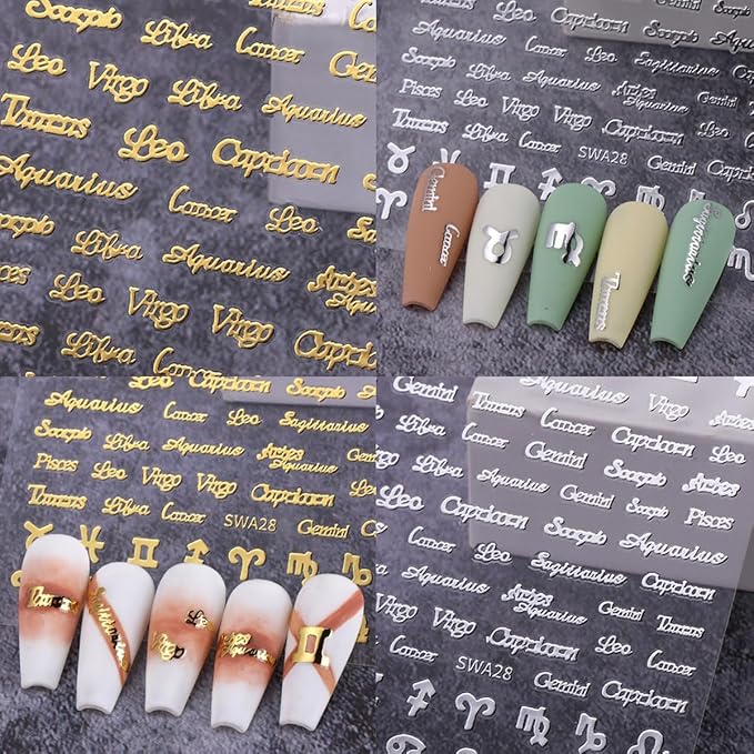 Twelve Constellation Nail Art Zodiac Letter Nail Design Stickers - Gold, Silver, Pink - 3D Self-Adhesive Zodiac Nail Decals for Women & Acrylic Nail Tips - 6 Sheets