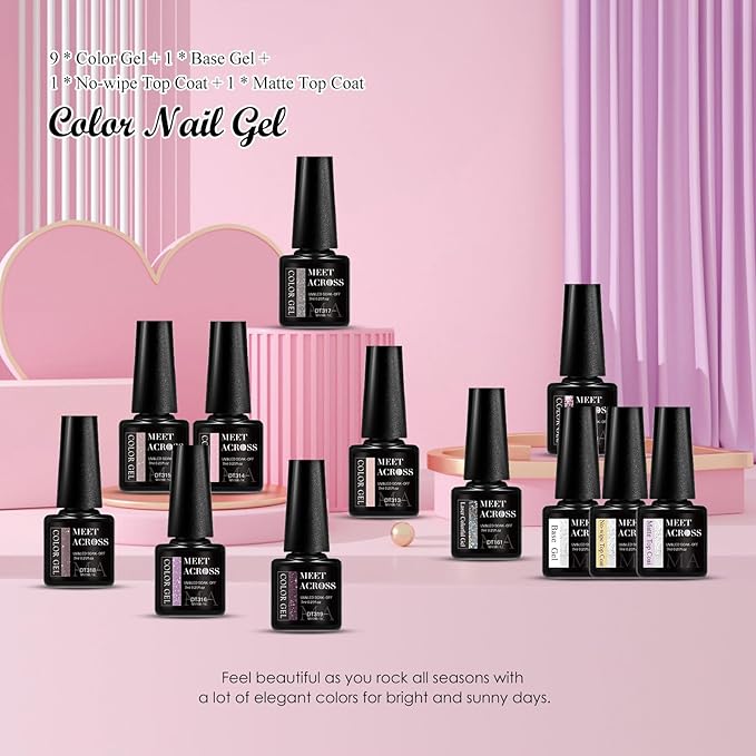 MEET ACROSS 9 Colors Gel Nail Polish + 3PCS Function Gel Nail Polish Kit,Fashion Nail Art Set Design Gifts for Women Manicure Salon (SET9, 12pcs)