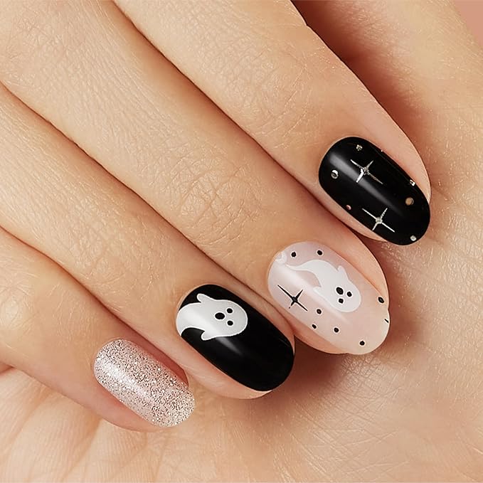 Dashing Diva Gloss Nail Strips - Ghostly Touch - UV Free, Chip Resistant, Long Lasting Gel Nail Stickers - 3-Piece Glow-In-The-Dark Manicure Set - Contains 32 Wraps, 1 Prep Pad, 1 File