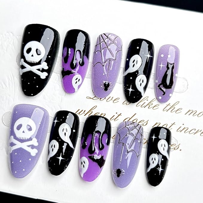 30Pcs Halloween Press on Nails Medium Almond Fake Nails Gothic Ghost Skull Bat Spider False Nails with 3D Blood Design Black Purple Glossy Glue on Nails Full Cover Artificial Stick on Nail for Women