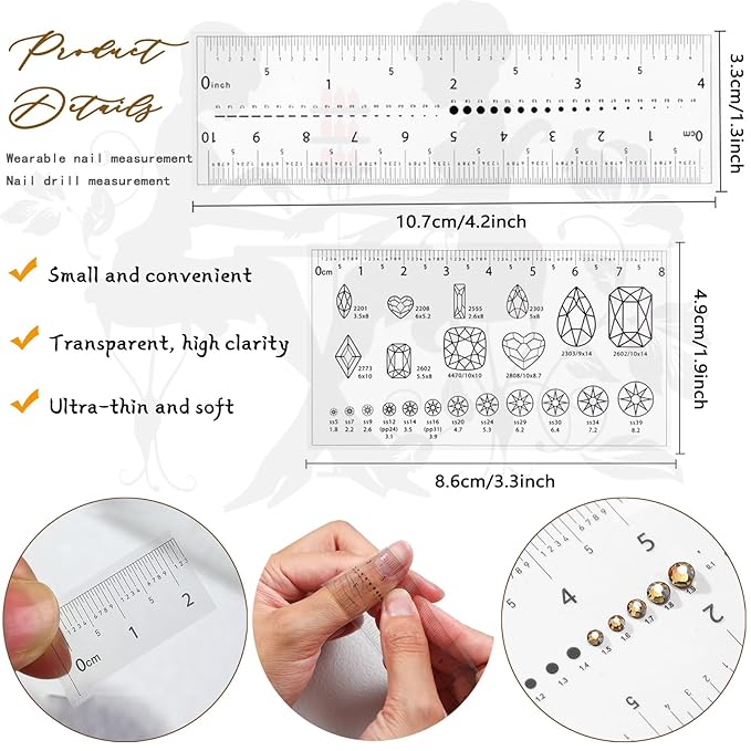 4-Piece Nail Measurement Ruler with Rhinestones - Measuring Tool for Acrylic Nails and DIY Manicure