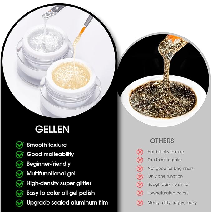 GELLEN Painting Gel for Nails, Metal Platinum Reflective Glitter Gold Gel Polish Drawing French-tip Floral Painted Liner Soak Off Lamp Cured for Salon DIY Nail Art, Hema-free, Champagne & Silver