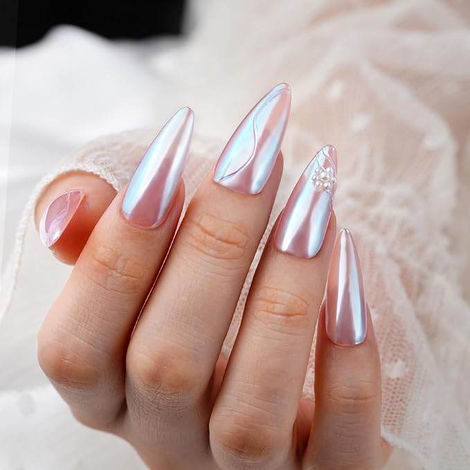 PrettyDiva Aurora Chrome Nail Powder - 2 Colors Pearl Chrome Nail Powder with Multi Color Shifting Metallic Powders Mirror Effect, Magic Moonlight Effect White iridescent Pigment powder for Nails