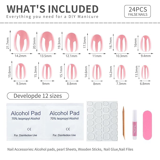 Chrome Press On Nails Short Square, Pink Fake Nails, Glossy Soft Gel Press On Nails with Chrome Design, Natural Reusable Glue On Nails Kit for Women, Stick On Nails for Daily Wear, 24 Pcs