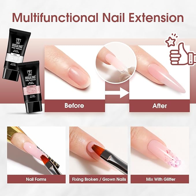 ROSALIND Clear Nude Pink Acrylic Poly Extension Gel, 2 PCS 60ml Clear Poly Nail Gel kit Nail Builder for Clear Nail Art Decoration, Nail Thickening Poly Nail Gel Tube Easy to DIY Use Need UV Lamp