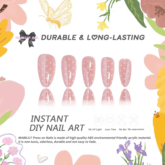 Press on Nails Medium Almond MABKJLF Fake Nails Chrome False Nails with White Polka Dots Designs Full Cover Glossy Glue on Nail Acrylic Nails for Women Girls 24Pcs