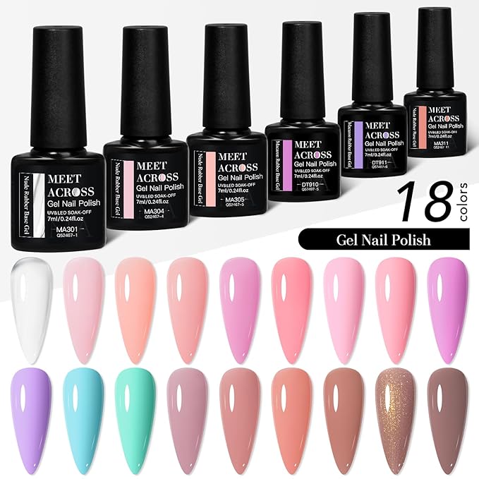 MEET ACROSS 18Pcs Rubber Gel Base Coat for Nails, Nude Brown Rubber Base Gel Polish Pink Violet Strengthener Gel for Thin Weak Nails 7ml