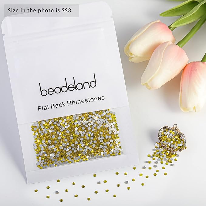 Beadsland 2880pcs Flat Back Crystal Rhinestones Round Gems for Nail Art and Craft Glue Fix,Lemon Yellow,SS8,2.3-2.5mm