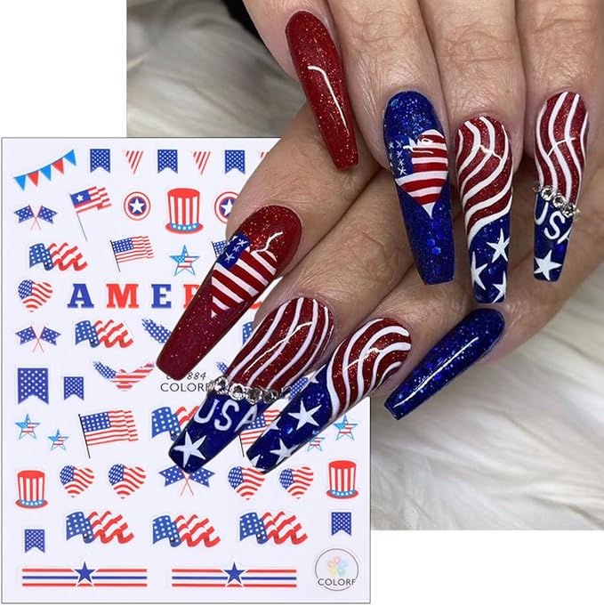 8 Sheets Independence Day Nail Stickers for Nail Art USA 4th of July Nail Decals 3D Self-Adhesive American Flag Patriotic Nail Decoration American Eagle Nail Art Stickers for Women Girls Nail Designs
