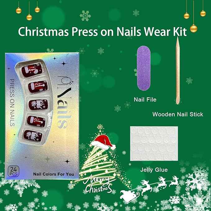 Christmas Press on Nails Medium Square Fake Nails with Snowflake Elk Stocks Christmas Tree Designs Red Xmas False Nail Winter Acrylic Artificial Stick on Nail for Women 24 Pcs