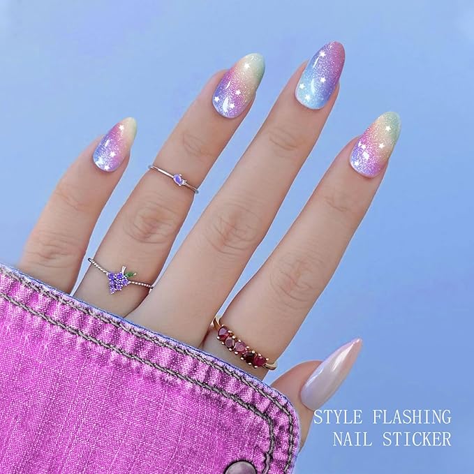 JMEOWIO Gel Nail Stickers Rainbow Glitter Semi Cured Gel Nail Strips Wraps UV/LED Nails Art Design Decoration Accessories