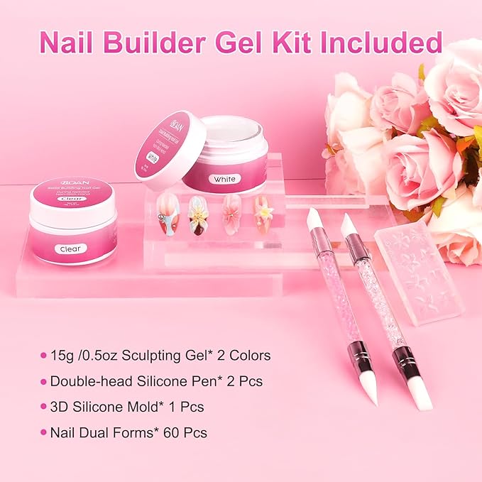 BQAN 3D Nail Art Gel Kit - 2Pcs 15g White & Clear Non-Sticky Hand Builder Sculpting Gel with Tools for Extensions, Carving & Molding | Professional Salon Quality for Techs & Beginner