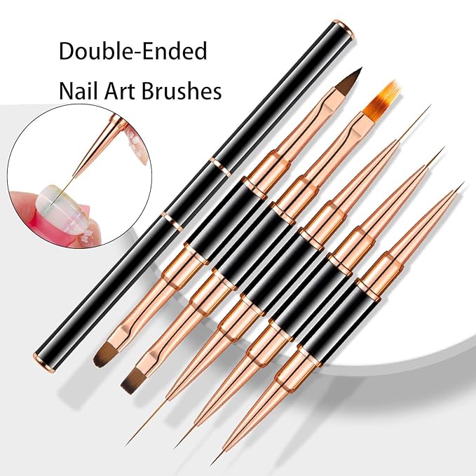 Nail Art Brushes Set, 5pcs Double-Ended Acrylic Nail Art Brushes Liner Detail Thin Brushes Nail Drawing Pen 3D Nail Art Decorations for Acrylic Application Salon at Home DIY Manicure