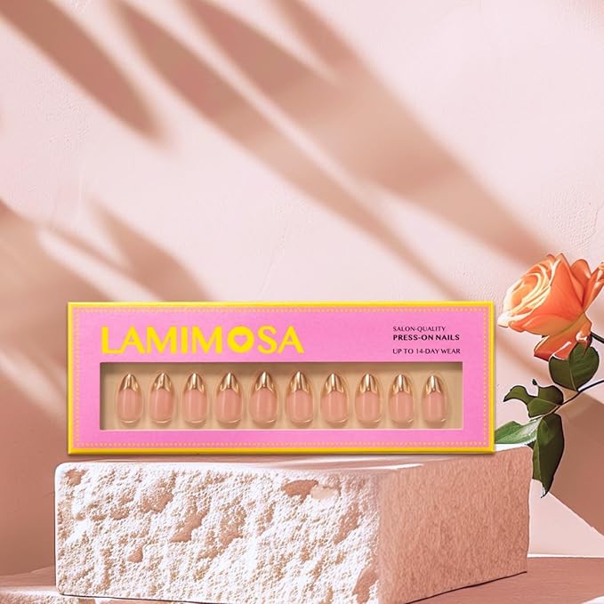 LAMIMOSA 32Pcs Press On Nails Short Almond - Gold French Tip Press on Nails, Soft Gel Fake Nails in 16 Sizes, Reusable Glue on Nails Kit, GOLD BLESSED