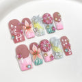 Handmade Press on Nails Square Medium Fake Nails pink Gradient French Tips Nails Press Ons with 3D Floral Design False Nails Luxury Full Cover Glue on Nail for Women Manicure 10Pcs(Size M)
