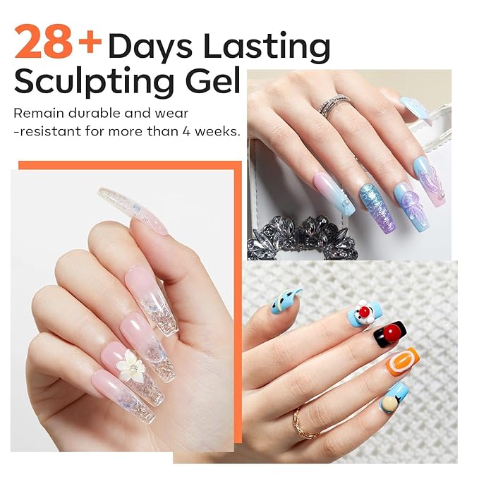 modelones 3D Sculpting Gel Kit，Clear Solid Nail Builder Hard Gel for Nail Art Molding & Extensions Non-Sticky for Chrome Powder Salon or Home DIY Spring Manicure Cured Needed