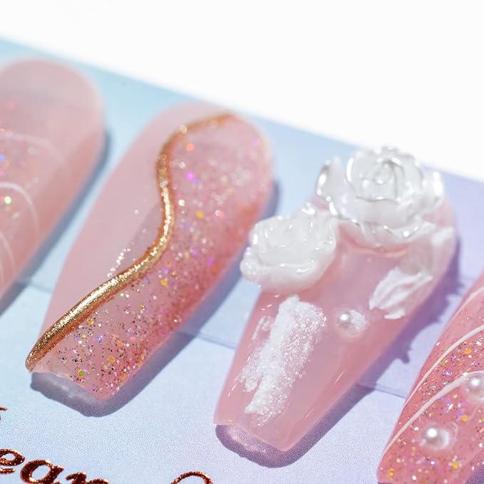 Sun&Beam Nails Handmade Press on Fake Nails Medium Long Nail Tips Popular Design Ballerina Pink 3D Flower Cute Pearl with Storage Box 10 Pcs (#002 L)