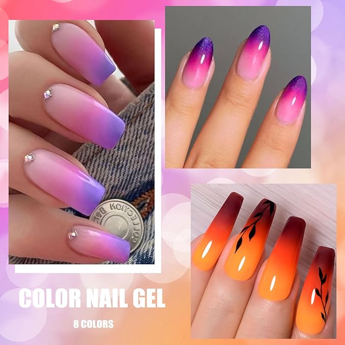 MEET ACROSS Color Changing Gel Nail Polish Set of 8 Temperature Changing Colors Including Red Pink Purple Orange Mood Changing Gel Manicure Kit for Nail Art Home DIY