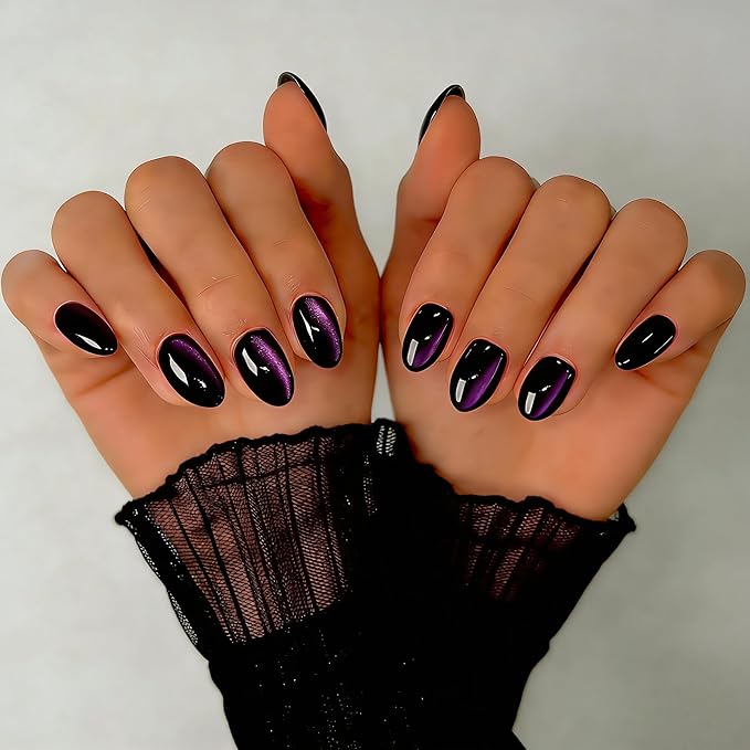 Cat Eye Press on Nails Short, Chrome Press on Nails Oval, Thick Glazed Black Purple Fake Nails Press ons for Women Party Prom, Reusable Magnet Glitter Glue On Nails Almond in 15 Sizes, 30 Pcs
