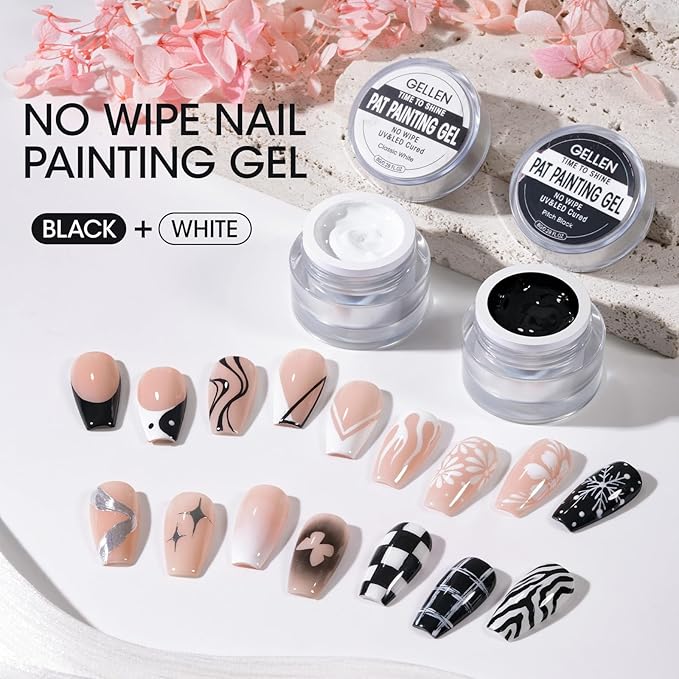 GELLEN Nail Painting Gel 2Pcs 8G Black & White No Wipe Pat Painting Nail Gel for Drawing Striper Liner Floral Painting Gel Polish Nail Art for Salon Home DIY Manicure, UV/LED Curing Required