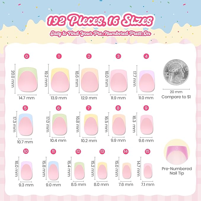 Beetles French Tips Press On Nails, Pastel Spring Nails Short Square 6 Colors 192 Pcs, Spring Fake Nail Tips,Pink Blue Green Soft Gel Nails False Nails Art DIY For Women