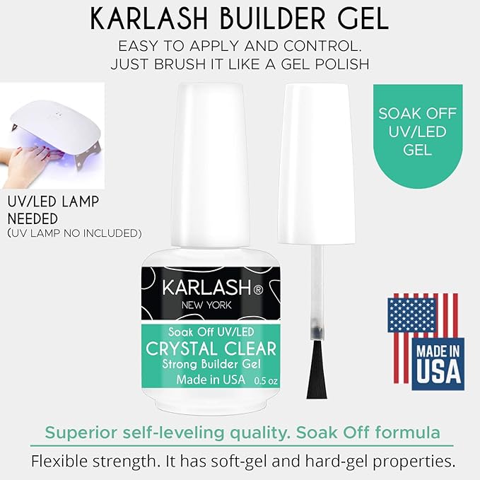 Karlash Brush On Builder Gel Soak Off Build It Gel Crystal Clear for Sculpting Nail Extension and Strengthening Natural Nails 0.5 oz