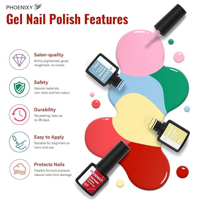 PHOENIXY 71 Pcs Gel Nail Polish Kit with U V Light, 55 Colors Gel Polish Set Red Black White with 5 Pcs Base and Glitter Matte Glossy Gold Top Coat Manicure Starter Nail Polish Set Gifts for Women