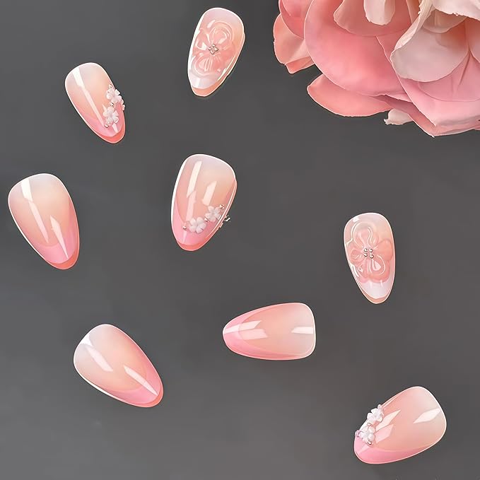24Pcs Pink French Tip Press on Nails Short Almond Fake Nails with 3D Flower Pearl Design Crystal Acrylic Nails White Floral Artificial Nails Glossy Reusable Pink White French Stick On Nails for Women