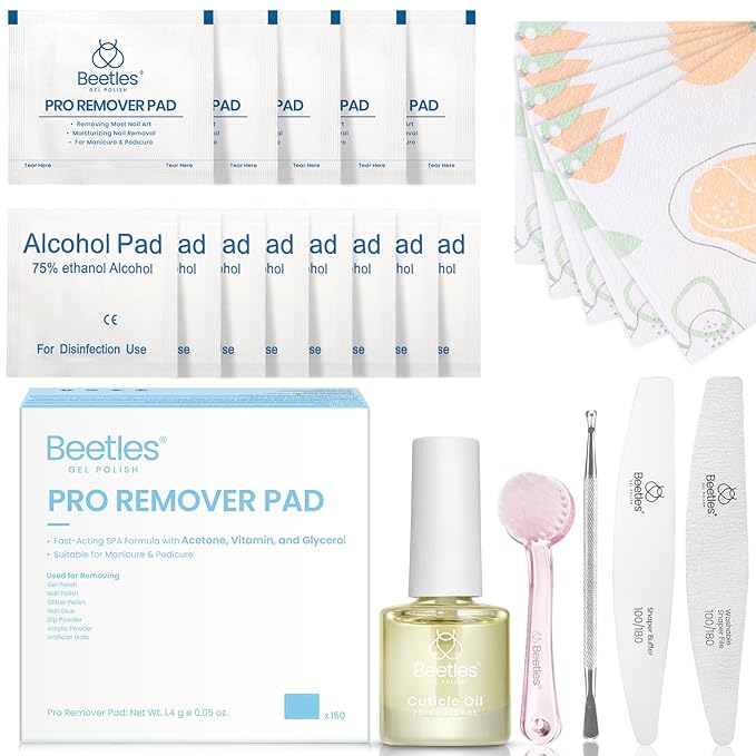 Beetles Gel Nail Polish Remover Kit – 150PCS Pro Remover Pads, Acetone & Vitamin Formula, Cuticle Oil, Alcohol Wipes and Nail Tools for Manicure Gel Polish Remover Portable Set
