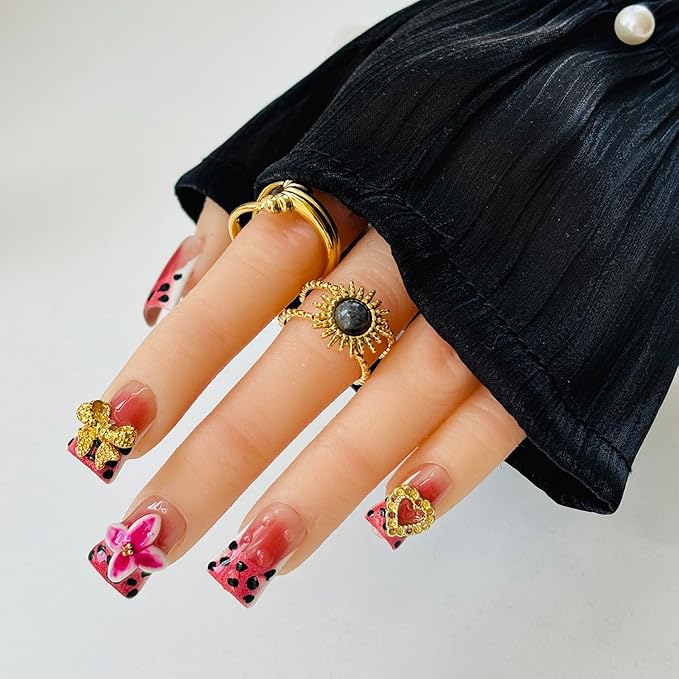 10pcs Handmade Press on Nails for Women - Medium Duck Curve 3D Thick Acrylic Fake Nails Reusable,Designer Floral Butterfly Rhinestones Bling Boho Funky Y2k Nail-art Set,M,pink leopard