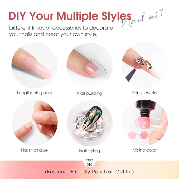 Poly Nail Gel Starter Kit with Drill -14 Colors + 75 Nails Art Accessories Kits, ROSALIND Nue Clear Poly Extension Gel with Big UV Light 48W and Electric Nail Drill Starter Kit with Everything