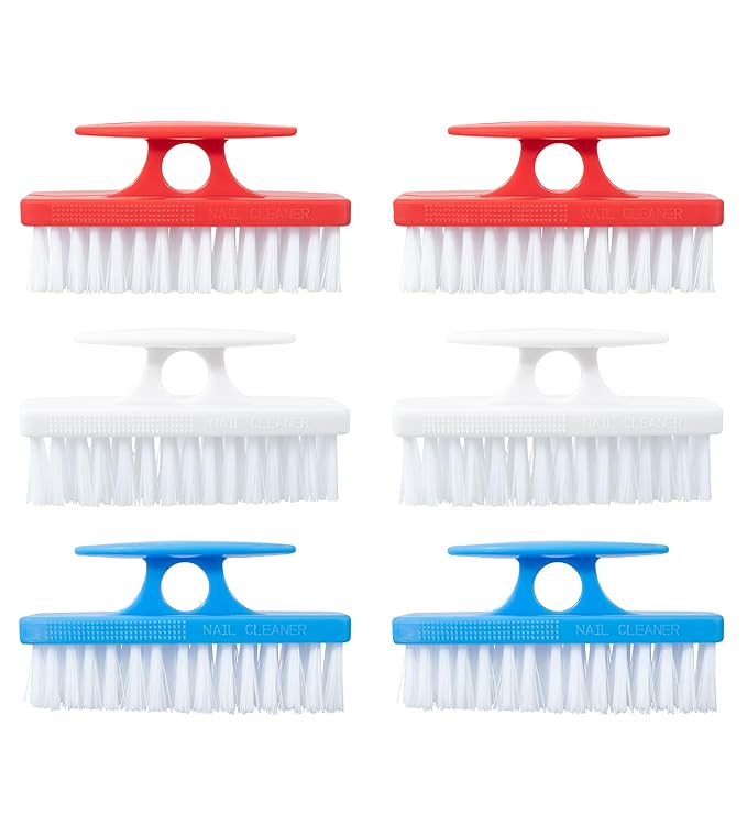 Superio Nail Brush Set (6 Pack) Cleaner with Handle, Durable Brush Scrubber to Clean Toes, Fingernails, Hand Scrubber All Surface Cleaning, Heavy Duty Scrub Brush Stiff Bristles (Red- White- Blue)