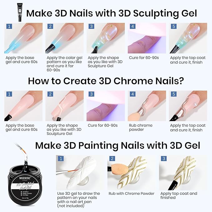 MIZHSE 3D Nail Gel and 3D Painting Gel - 3D Nail Art Sculpting 15g No Wipe U V Soak Off Gels Polish DIY Home for Drawing, Sculpture and Decoration