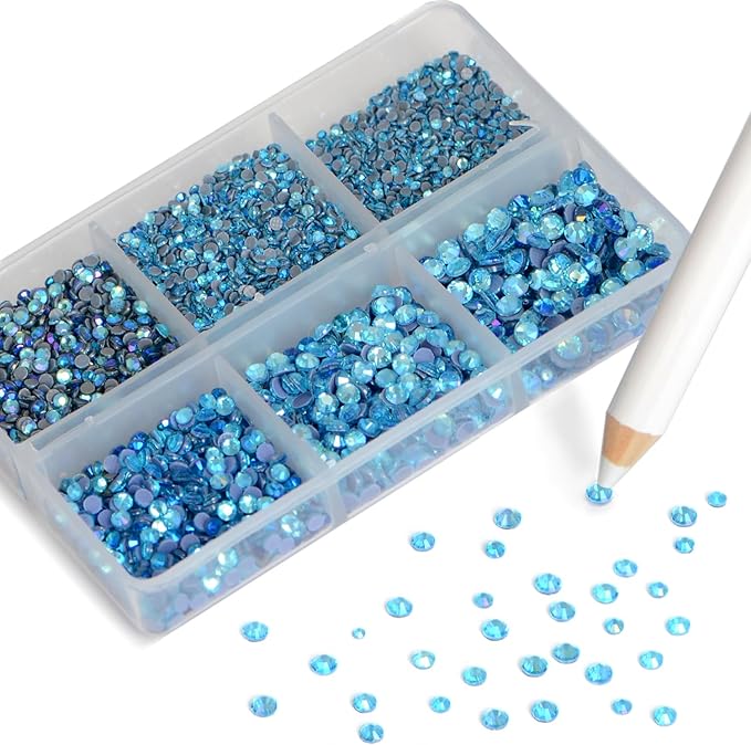 NCB Hotfix Iron on 8000pcs Crystal Rhinestones Round Gem for Crafts Decoration DIY Jewelry Making with a Picking Pen (Aquamarine AB, 6Sizes SS3-SS12)