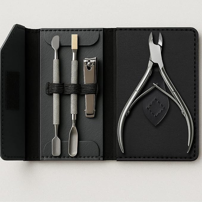UM Supplies 4PCS Nail Care Set + Storage Pouch | Professional Cuticle Nipper with 2 Pushers and Nail Cutter Stainless Steel | Manicure Pedicure Tool | Jaw 14 (5mm) Double Spring