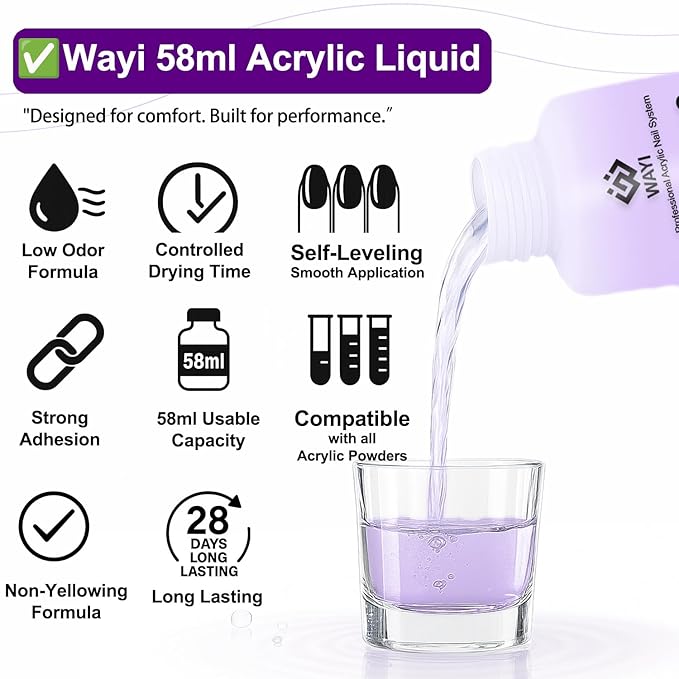 WAYI Professional Acrylic Nail Kit – 58ml Monomer + 4-Color Acrylic Powder, 500 White French Nail Tips, Clipper, Brush & Full Tool Set for Extensions & Sculpting