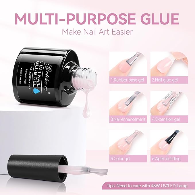 Gelike EC Gel Nail Glue UV Light: Pink 6 in 1 Adhesive Gel Nail Polish, Strong Nail Glue for Press On Nails Nails Acrylic Tips, Long Last - Nail Art Gift for Home Salon Beginner DIY