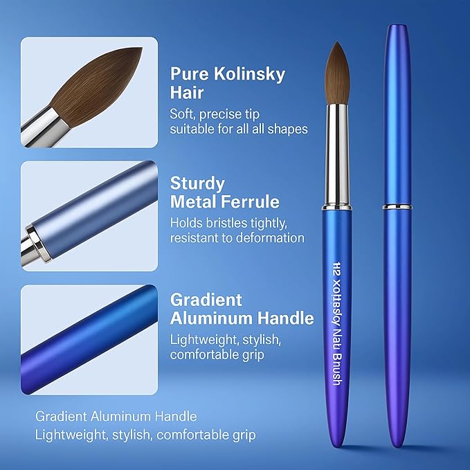 100% Pure Kolinsky Hair Acrylic Nail Art Brushes – Oval Crimped Tip for Acrylic Powder, Gradient Blue Metal Handle, Professional Nail Art Brush for Salon & DIY(#10)