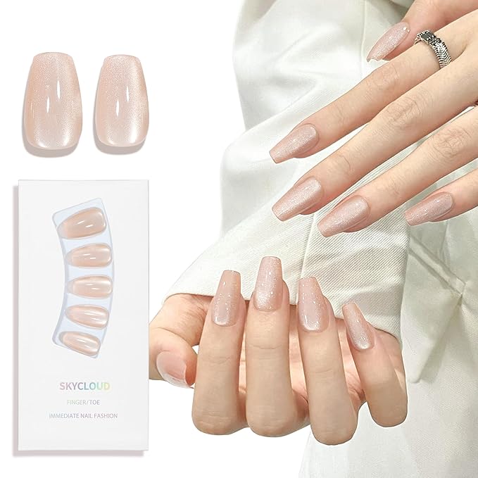 Cat Eyes Press On Nails,12 Sizes-24 Pcs Soft Gel Champagne Medium Coffin Fake Nails Kit with Nail Glue, Natural Reusable Stick On False Nails for Women and Girls (Skycloud Golden Yellow Nails) SK0823