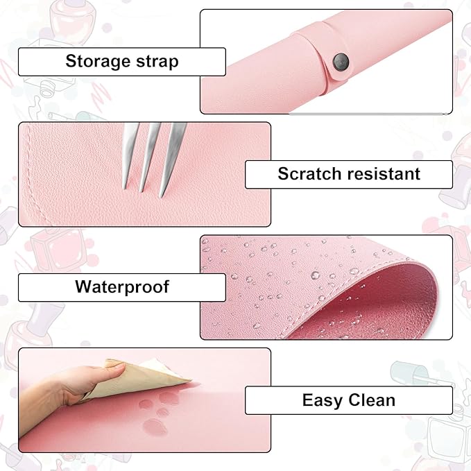 Nail Art Table Mat,Foldable Nail Arm Rest Pad for Nails,Soft Microfiber PU Leather Nail Table Pad, Waterproof Nail Mat For Nail Tech, Manicure Pad for Nail Technician Salon Home-Pink