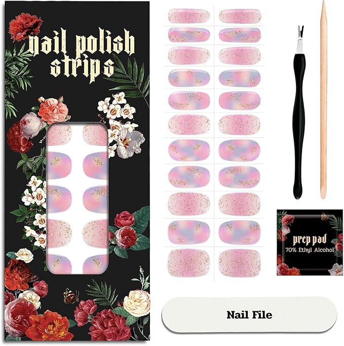 Nail Polish Strips (No UV Lamp Needed) - 22 Pcs Salon Quality Gel Nail Stickers - Long Lasting Wraps (Iridescent Jellfish Pink&Blue)