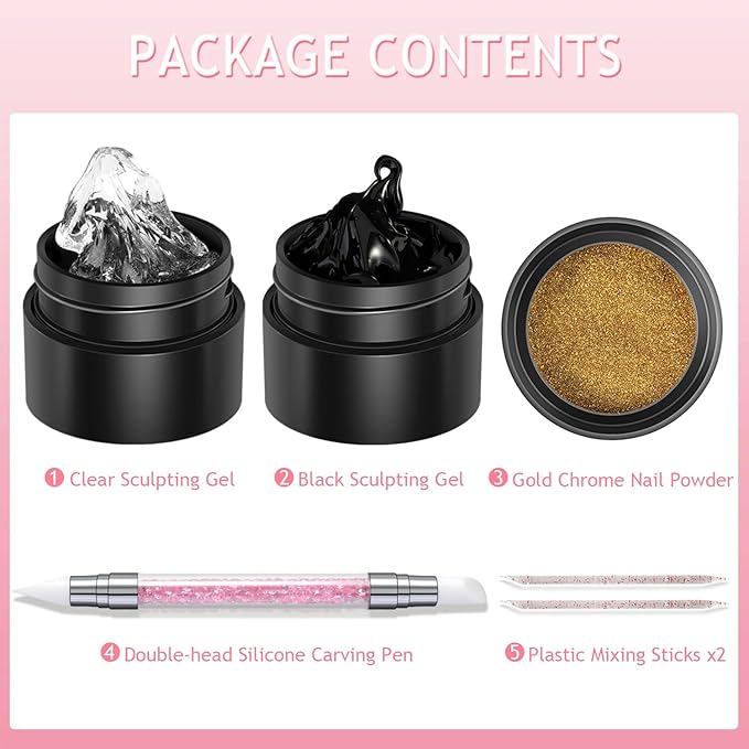 3D Sculpting Gel for Nail Art, 2PCS Clear & Black Solid Builder Kit, Non-Stick Molding Hard Gel with Silicone Carving Pen and Gold Chrome Nail Powder, Professional Nail Salon Supplies