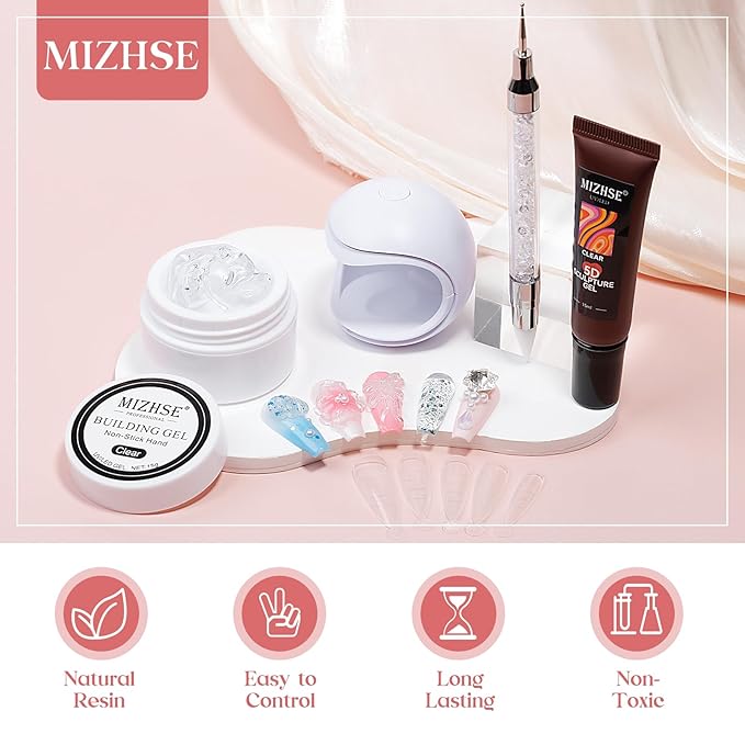 MIZHSE Solid Builder Gel for Nails and 5D Nail Gel Kit, Clear Sculpting Carving Building Modeling 3D Nail with Portable Nail Lamp Soak Off U V LED Nail Art Manicure Home