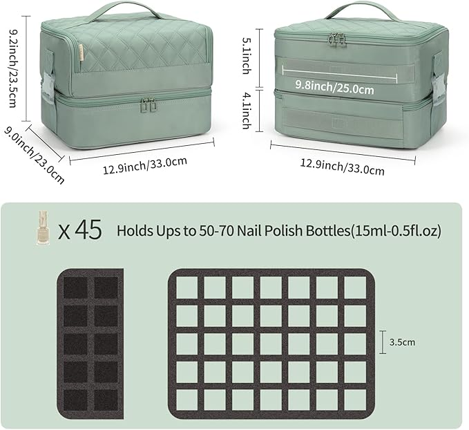 OCHEAL Nail Polish Organizer, Holds Nail Lamp and 45+ Bottles,3 Usage Modes Detachable Nail Storage Bag Travel Nail Tech Case Holds Nail Kit Stuff Manicure Tools -Green