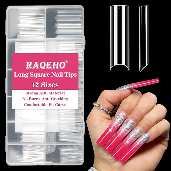 Long Square Nail Tips - 240PCS Clear Half Cover False Nails, Acrylic Nail Tips for Press Ons, 2XL Extra Long, 12 Sizes Manicure Extension Kit, DIY Nail Art Supplies for Nail Salon Home
