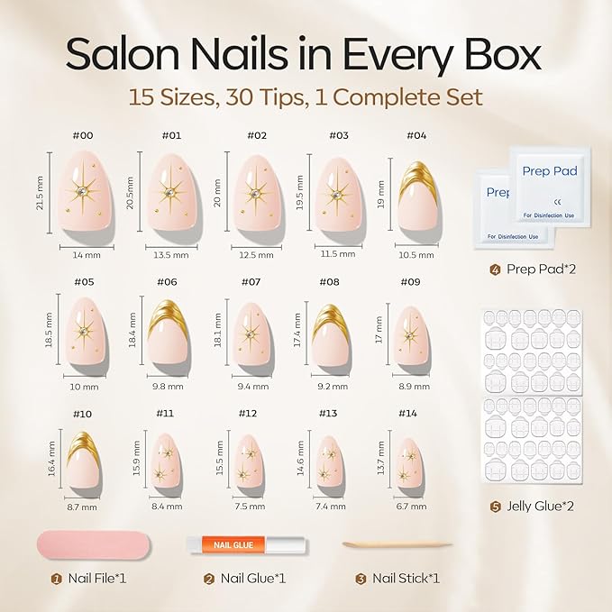 Modelones French Tip Press on Nails Almond, Short Almond Fake Nails, Semi-Transparent Soft Nail Kit with Nail Glue Adhesive Tabs Nail File, Spring Nails Press Ons 30Pcs 15 Sizes, Starlight