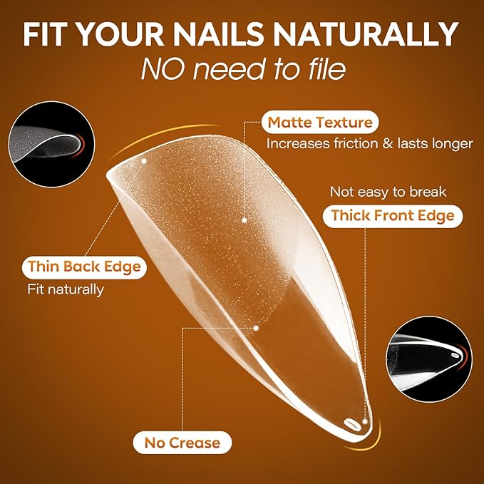 Nicedeco Almond Fake Nail Tips, 504Pcs Medium Soft Gel Nail Tips Almond Shape Pre Etched Half Matte Full Cover Clear Acrylic Gel Kit False Press on - 013